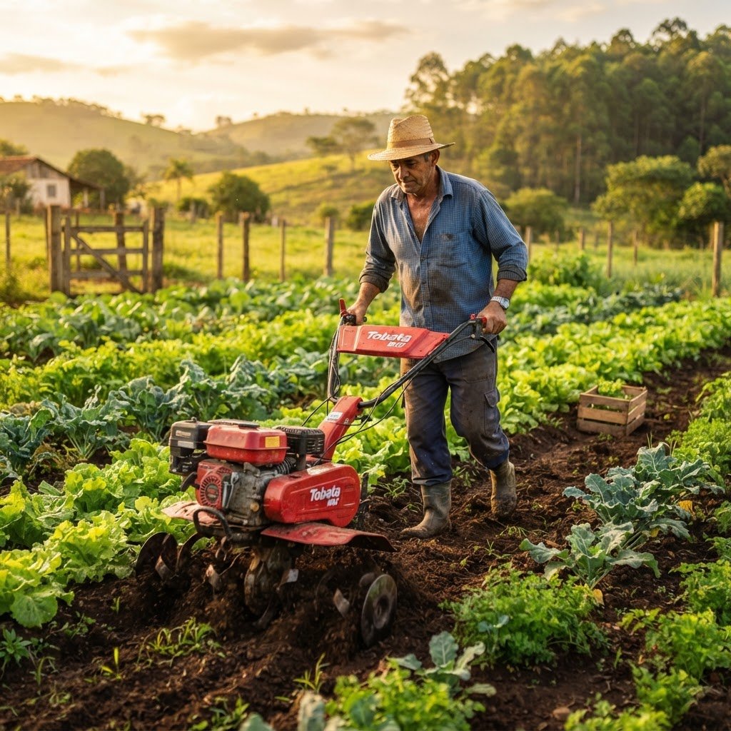 Produtor rural utilizando um motocultivador em uma horta ao amanhecer